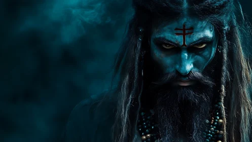 Storm-eyed ash mystic in teal ritual smoke stares back.