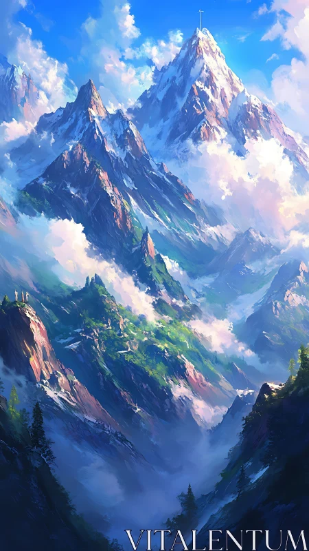 Sunlit alpine peaks rise through drifting clouds and mist.