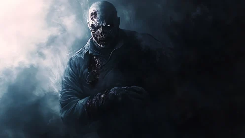 Mutated humanoid figure stands in dense swirling dark fog