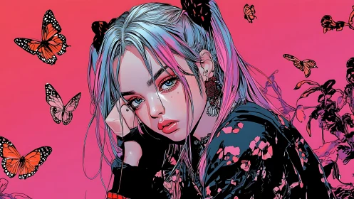 Melancholic girl with butterflies in neon gradient sky.