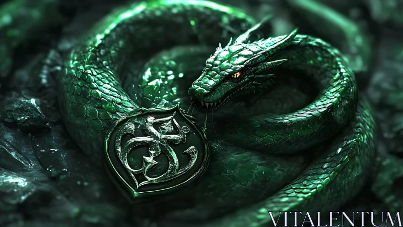 Emerald serpent guardian cradling a mysterious rune medallion.