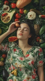 Woman lying among assorted fruits, vegetables, and bread.