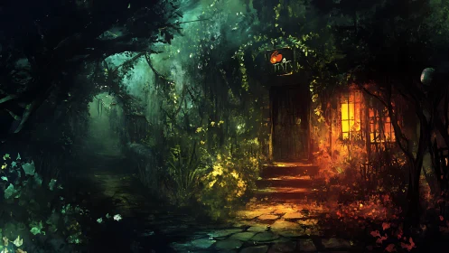 Forest path and illuminated cottage entrance at night.