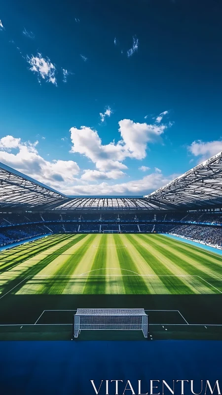Symmetrical football stadium pitch under expansive blue sky