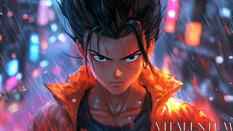 Focused anime character in rain with neon city backdrop.