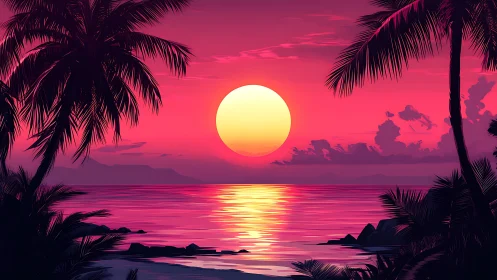 Neon tropical sunset ignites calm palm-framed shoreline.