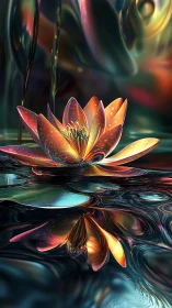 Specular-rendered lotus bloom reflects in liquid metal water surface