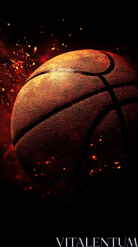 Close-up of textured basketball with glowing embers.