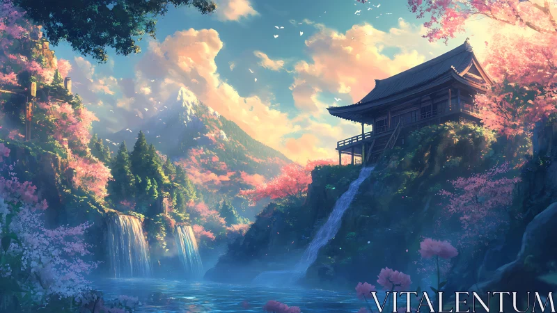 Mountain temple above twin waterfalls at cherry blossom dusk.