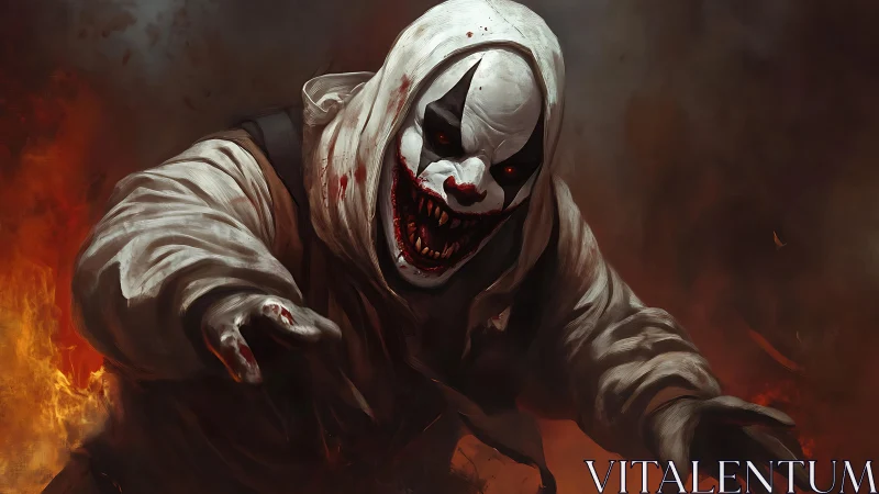 Sinister hooded clown lunging through swirling firestorm.