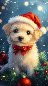 Fluffy puppy wears Santa hat amid glowing Christmas baubles