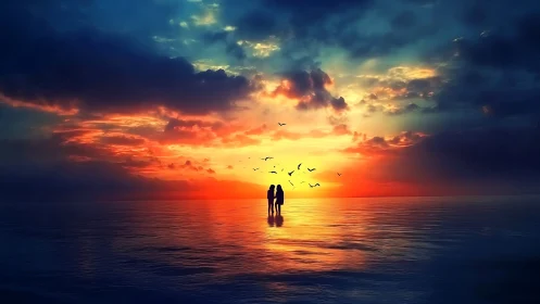Couple Silhouetted Against Golden Ocean Sunset Sky