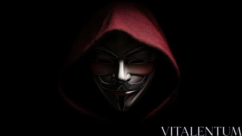 Hooded metallic mask in dramatic low key digital rendering.