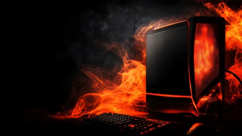Gaming desktop tower glows red with stylized flame effects