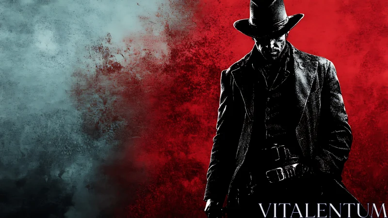 Dark cowboy gunfighter silhouette on red textured background