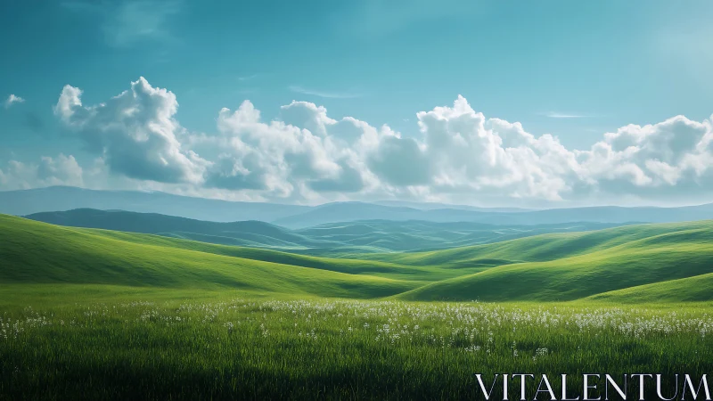 Wide green hills under bright blue sky with soft clouds.