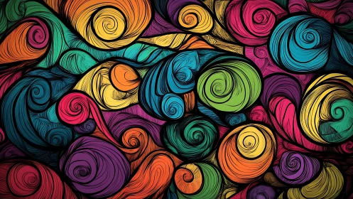Dense spiral vector pattern uses saturated hues and dynamic linework