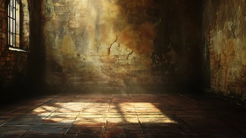Sunlit patch in worn, abandoned brick interior room.