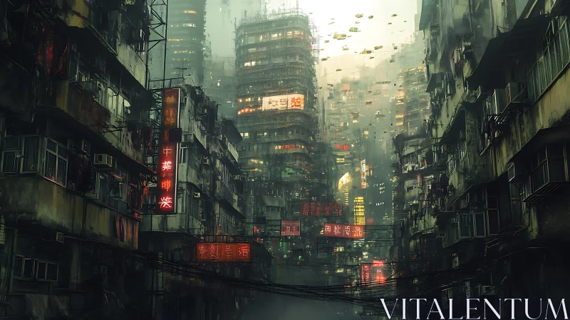 Cyberpunk vertical slum canyon with neon data arteries.