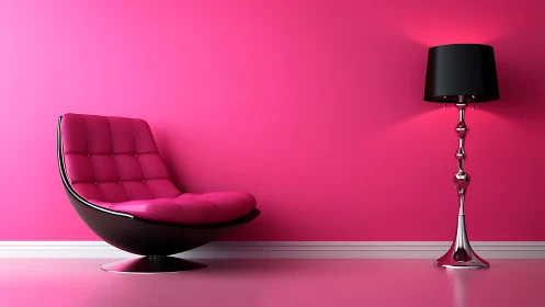 Modern pink lounge chair and lamp set a bold, playful mood