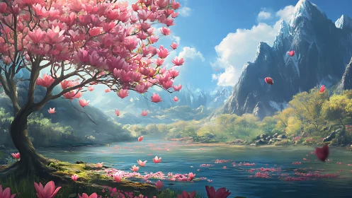 Magnolia bloom foreground frames alpine lake and snowcapped massif