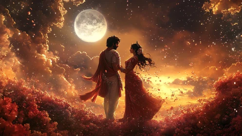 Two Lovers Dancing Under the Full Moon's Warm Embrace