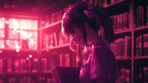 Solitary anime girl studies softly lit shelves in twilight library