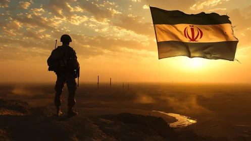 Soldier watches desert refinery as national flag burns gold