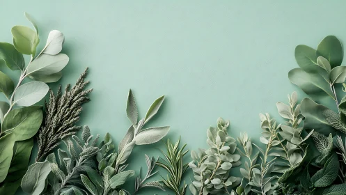 Botanical herb border on textured mint background, soft light