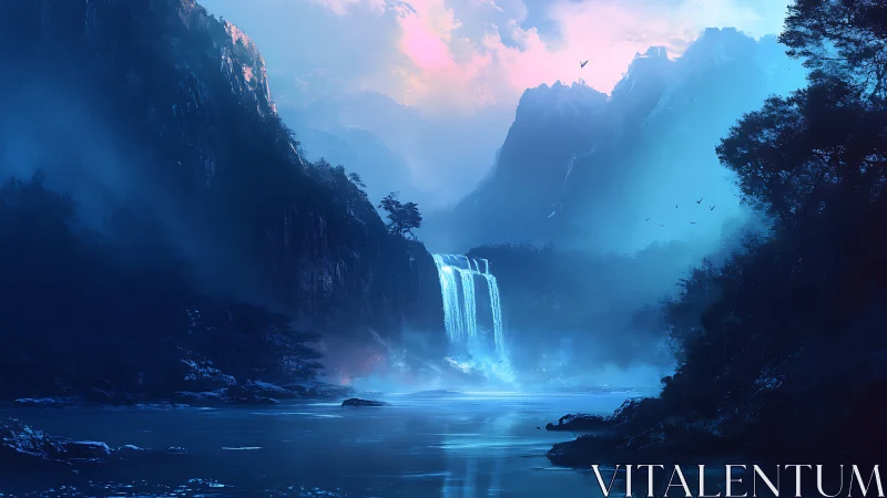 Mystic blue waterfall cascades through misty mountain valley.
