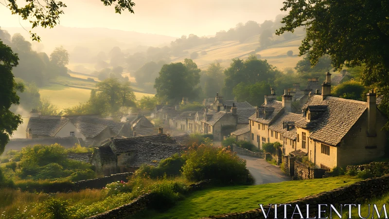 Honeyed mist over stone cottage lanes at countryside dawn.