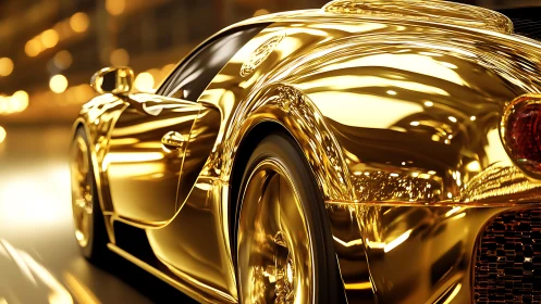 Golden supercar body gleams under blurred city lights