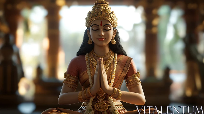 Golden temple serenity with goddess in gentle prayerful focus.