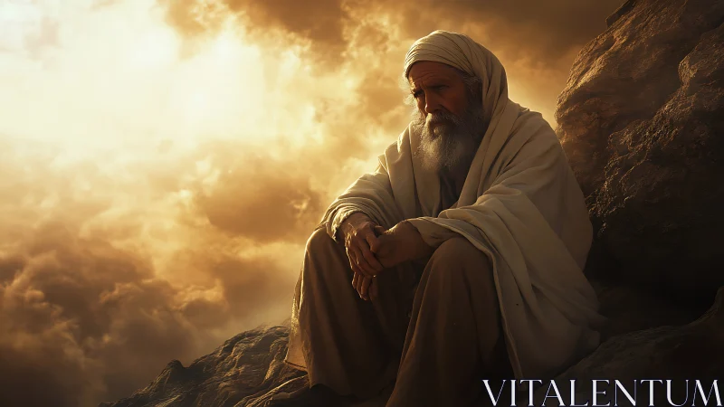 Desert elder sits in golden stormlit solitude on rock.