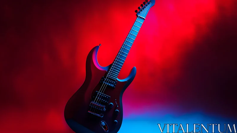 Electric guitar suspended in neon red and blue studio light