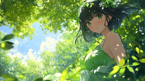 Forest canopy crowns a quiet girl in sun-splashed greens