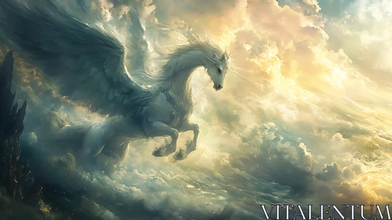 Luminous winged stallion traversing stratified storm clouds.