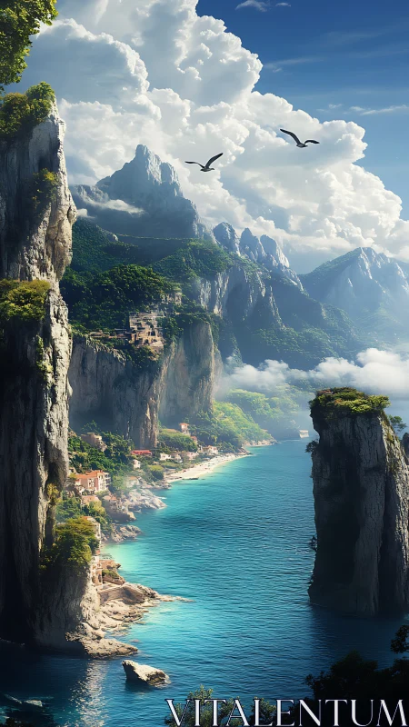 Coastal Cliffs Meet Turquoise Sea Under Dramatic Sky.