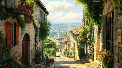 Sunlit stone village street with distant rural valley view.