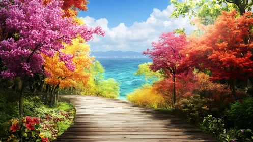 Color-drenched boardwalk to a turquoise whispering sea.