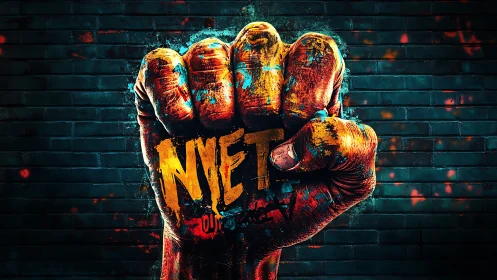 Painted clenched fist against dark brick wall backdrop.