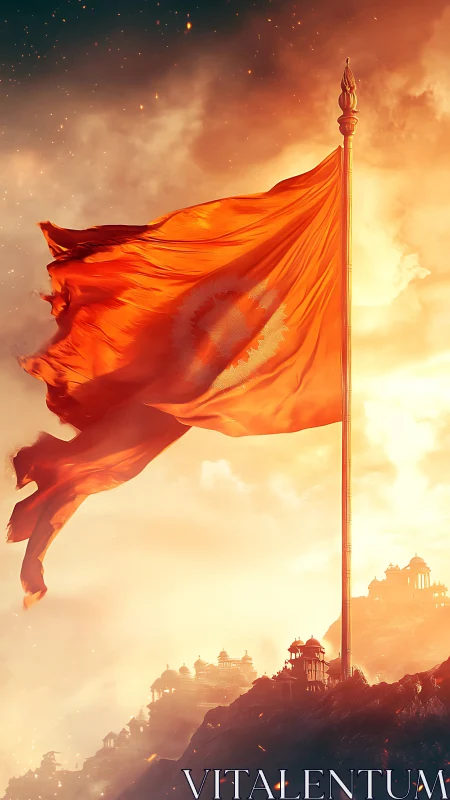 Orange flag waves on tall pole above fantasy hill city