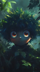 Child with large luminous eyes stands partially obscured in foliage