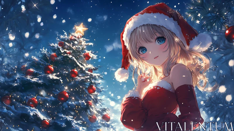 Anime girl in Santa outfit beside lit outdoor Christmas tree.