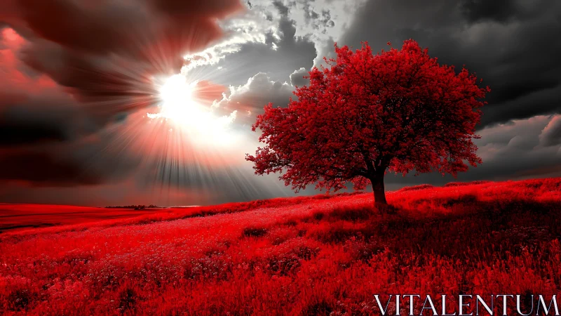 Monochrome red landscape with high-contrast irradiated sky.