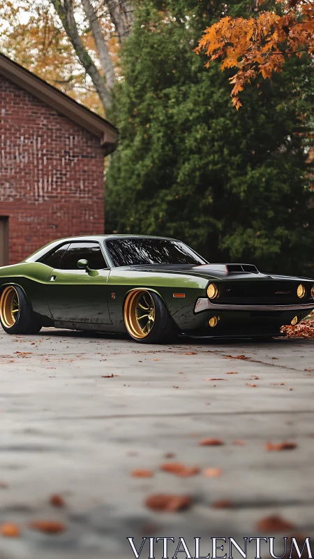 Green classic muscle car parked by brick garage in autumn.