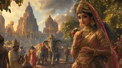 Golden princess greets dusk beside temple elephants in bloom