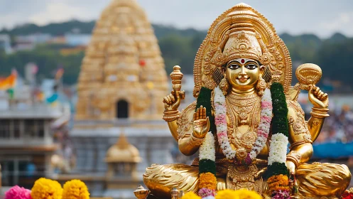 Photorealistic golden Hindu deity sculpture with temple backdrop.