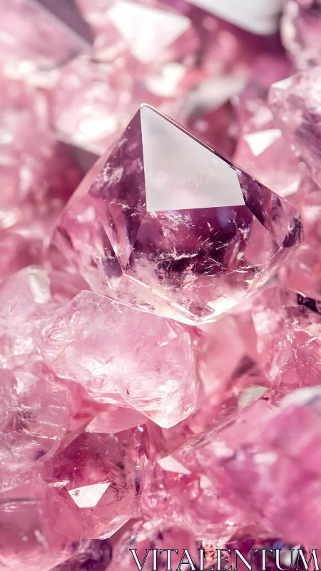 Macro study of faceted pink quartz crystals in soft focus.
