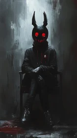 Masked rabbit figure sits in eerie red‑eyed urban gloom